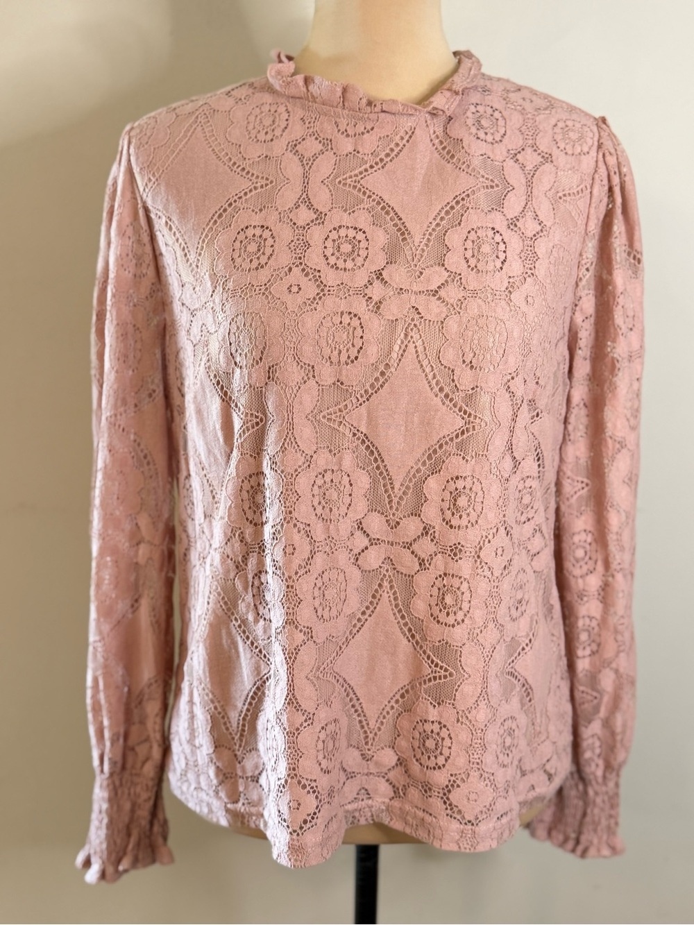 Ultra Pink blush pink lace ruffle cottage prairie western long sleeve top M